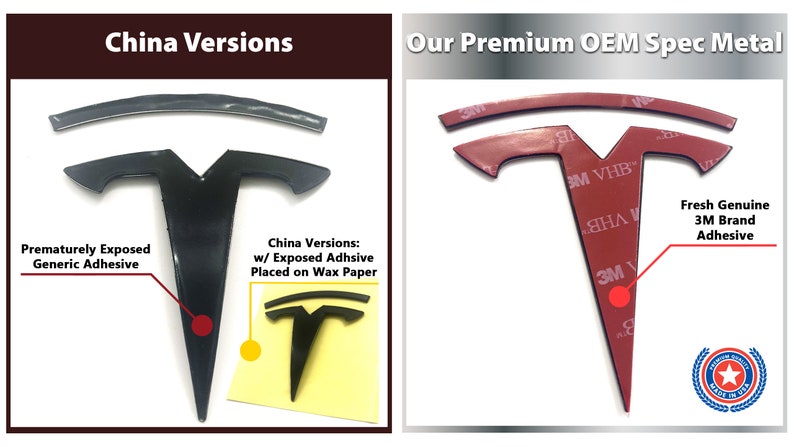 K&ouml;nnte beinhalten: Vergleich von zwei Tesla-Autoemblemen. Die linke Seite zeigt ein schwarzes Emblem mit freiliegendem Kleber und dem Text "Prematurely Exposed Generic Adhesive". Die rechte Seite zeigt ein rotes Emblem mit 3M-Kleber und dem Text "Fresh Genuine 3M Brand Adhesive".
