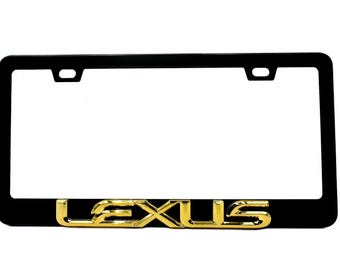 Marco de matrícula LEXUS de acero inoxidable negro satinado con emblema DORADO
