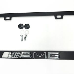 Satin Black License Plate Frame Stainless Steel for Mercedes AMG w/ Chrome Logo