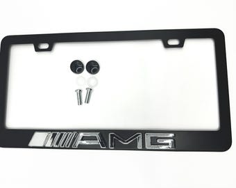 Satijnzwart kentekenplaatframe roestvrij staal voor Mercedes AMG met chroomlogo