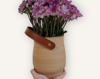 Handmade Stoneware Vase with Leather Handle