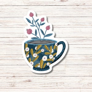 Blue Floral Coffee Mug Vinyl Sticker, Laptop Decals, Water Bottle Sticker, Gifts for Her, Cute Coffee Sticker, Tea Sticker, Floral Sticker
