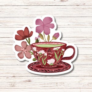 Floral Vinyl Sticker, Cute Coffee Sticker, Coffee Lover, Tea Lover, Laptop Sticker, Water Resistant, Water Bottle Sticker, Teacup Sticker