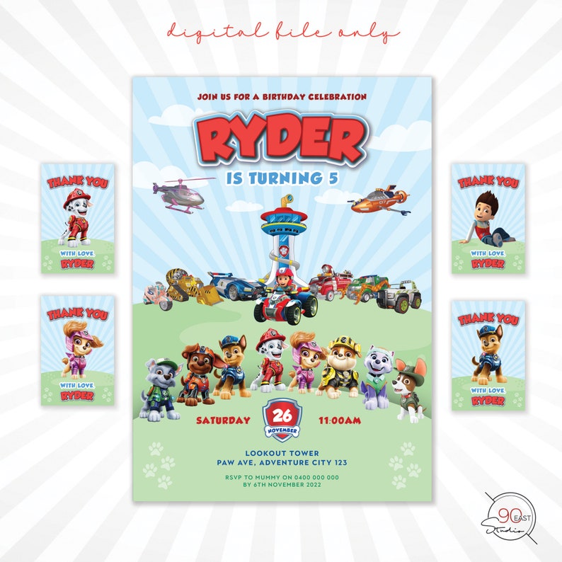 May include: A digital file invitation and thank you cards featuring a Paw Patrol theme. The main invitation reads "Ryder is turning 5" with character illustrations and event details. Thank you cards are included.