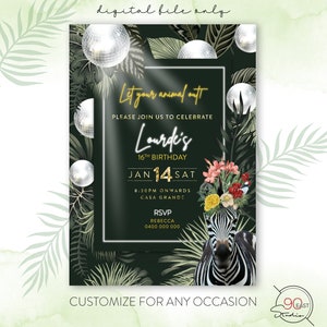Invitación a fiesta de discoteca / Fiesta de baile de discoteca / Fiebre de discoteca / Fiesta de baile / Salvaje / Cebra y selva tropical / Invitación digital /