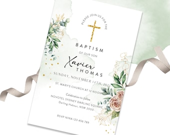 May include: A baptism invitation with a watercolor background featuring greenery, gold accents, and a cross. The invitation reads "Please join us for the Baptism of our son Xavier Thomas, Sunday, November 14th, 2021, St. Mary's Church at 12 noon. Celebration to follow Novotel Sydney Darling Square, Darling Harbour, NSW 2000. RSVP Nina 123 456 789."