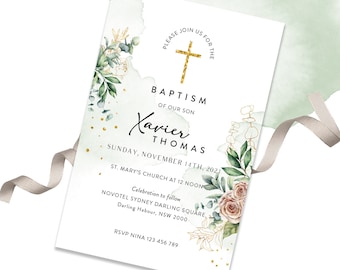 Christening Invitation, Baptism Invitation, Leaves and Gold