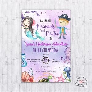 Invitation d’anniversaire, Aventure sous-marine, Invitation de pirates et de sirènes, Aquarelle Créatures marines, Evite nautique