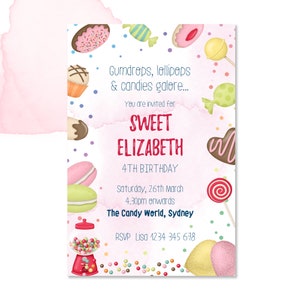 Candy sweet Cupcake Lollipop Chocolate Gumdrops Jellybeans Macroons Geburtstagseinladung, Candylicious Einladung, Pastell
