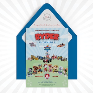 May include: A birthday party invitation featuring the text "Ryder is turning 5" with Paw Patrol characters and vehicles. The invitation is on a white background with a blue envelope. The date is November 26th at 11:00 AM.