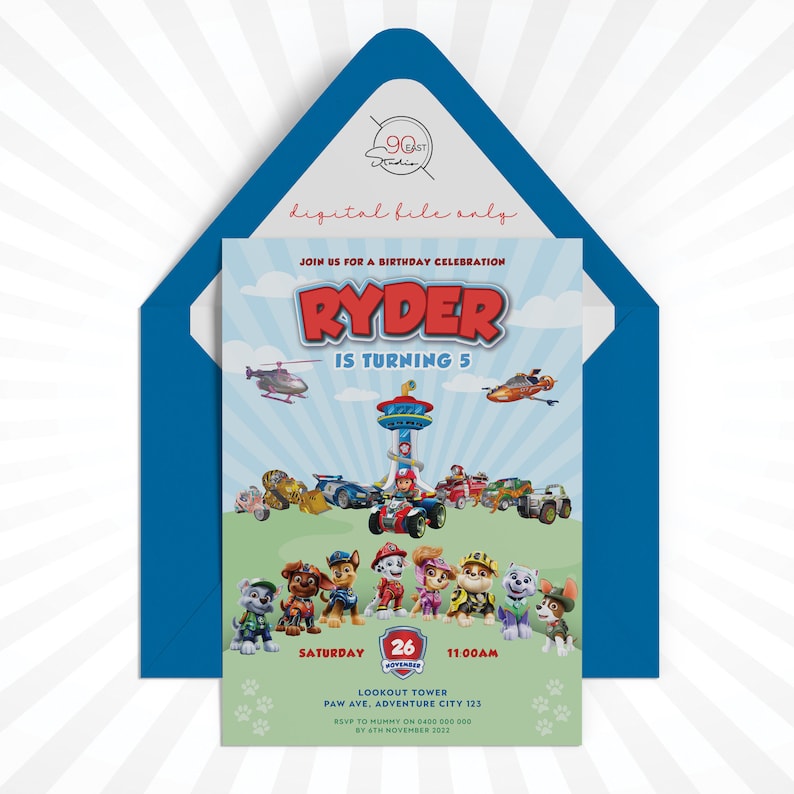 May include: A birthday party invitation featuring the text "Ryder is turning 5" with Paw Patrol characters and vehicles. The invitation is on a white background with a blue envelope. The date is November 26th at 11:00 AM.