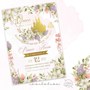 Princesa Aniversário Convite | Era uma vez convite | O aniversário real do ouro convida de <br> Entrega Rápida? Conto de fadas floral convida | Convite do Castelo