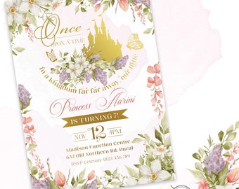 Princess Birthday Invitation | Once Upon A Time Invitation | Royal Gold Birthday Invites | Floral Fairytale Invite | Castle Invite
