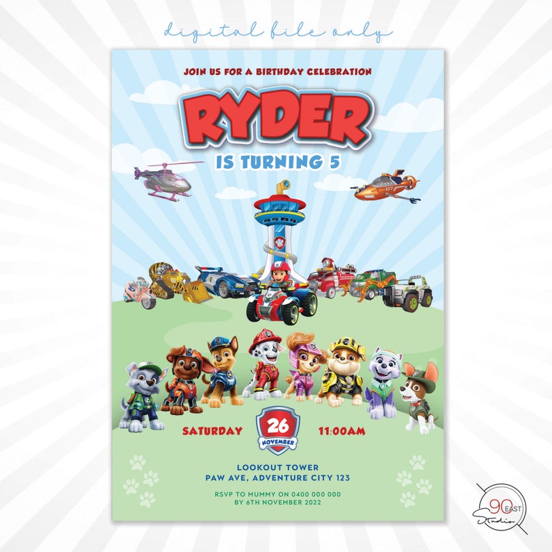 May include: A digital file birthday invitation featuring the text "RYDER IS TURNING 5". The design includes illustrations of Paw Patrol characters, vehicles, and the Lookout Tower. The date is November 26th at 11:00 AM.