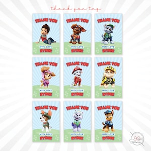 May include: Nine rectangular thank you tags featuring characters from a popular animated series. Each tag has a blue background with the words "THANK YOU" and "WITH LOVE RYDER". The tags feature different cartoon characters.