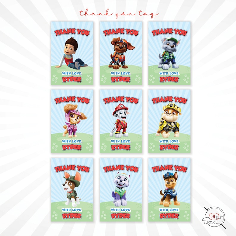 May include: Nine rectangular thank you tags featuring characters from a popular animated series. Each tag has a blue background with the words "THANK YOU" and "WITH LOVE RYDER". The tags feature different cartoon characters.