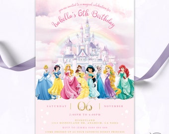 May include: A pink and gold invitation for a 6th birthday party. The invitation features a picture of Cinderella's castle and a rainbow. The text on the invitation reads "You are invited to a magical celebration for Isabella's 6th Birthday." The invitation also includes the date, time, and location of the party.