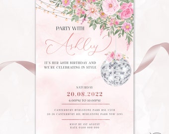 Party Invitation | Disco Invitation | 30th 40th 50th Birthday Flower Invitation | Birthday Invitation | Milestone Age Birthday Invitation