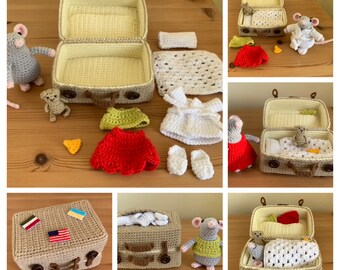 Mouse in Suitcase Miniature Playset - Handmade crocheted