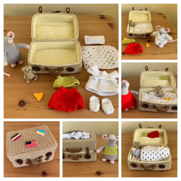 Mouse in Suitcase Miniature Playset - Handmade crocheted