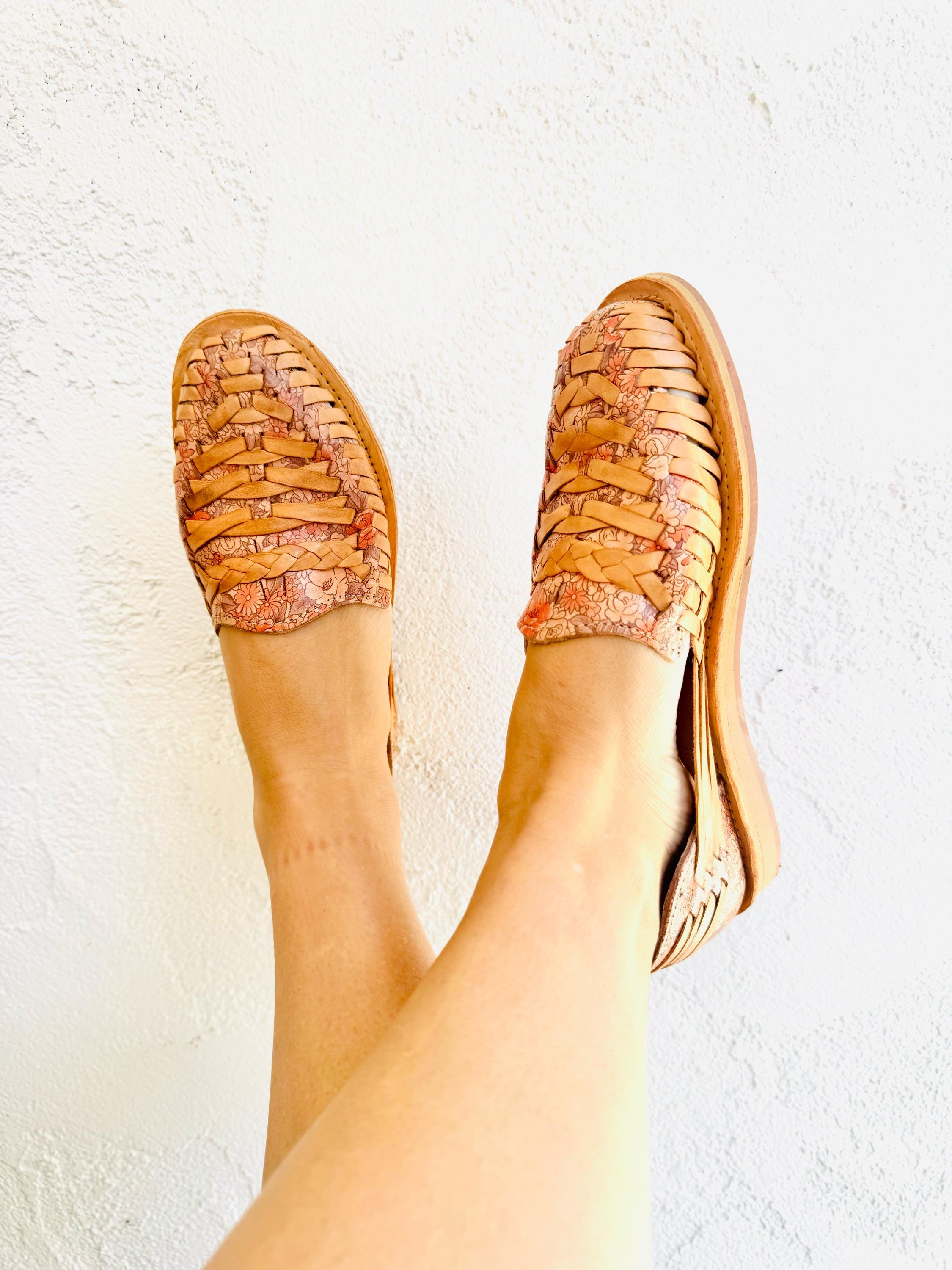 Leather Sandals Tan and Floral Huaraches Comfortable Sandals