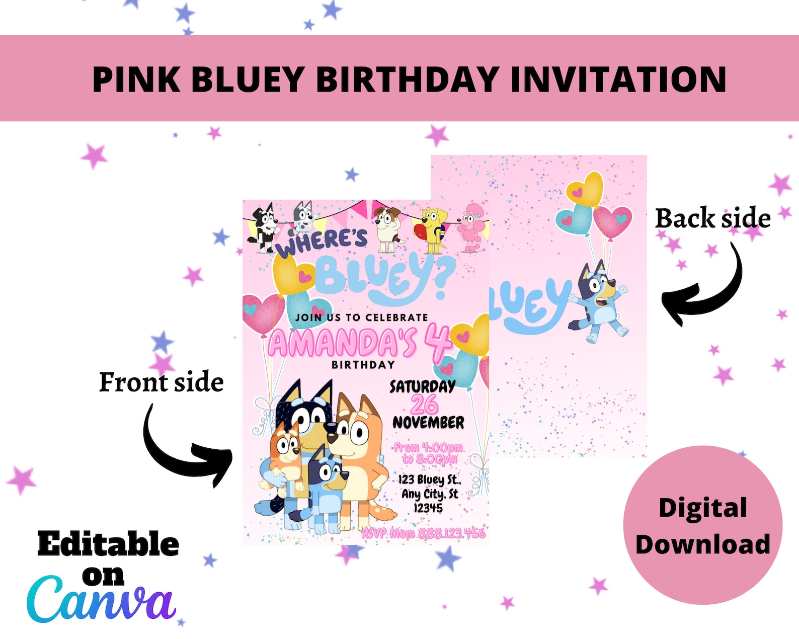 Editable Pink Bluey Birthday Invitation Pink Bluey Bithday - Etsy