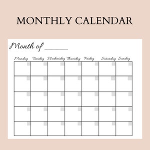 Monthly Blank Calendar, Simple Calendar, Minimalist, Printable Landscape