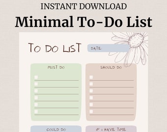 Minimal To Do List Printable, Simple Tasks List Template, Productivity Planner, Printable & Fillable PDF, Aesthetic To-Do List
