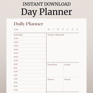 May include: A printable daily planner with a simple design. The planner includes sections for schedule, notes, breakfast, lunch, dinner, and snack. The planner also includes a section for today's big goal.