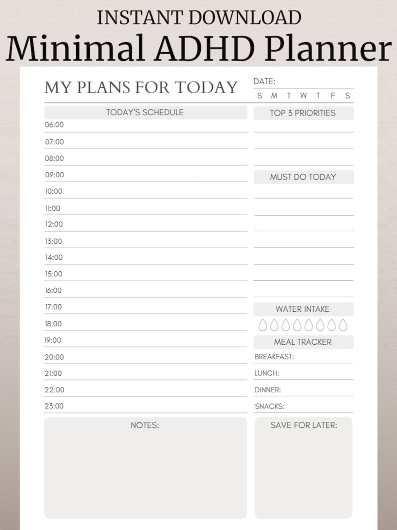 Minimal ADHD Daily Planner for Printing or Digital Use (PDF) - Etsy
