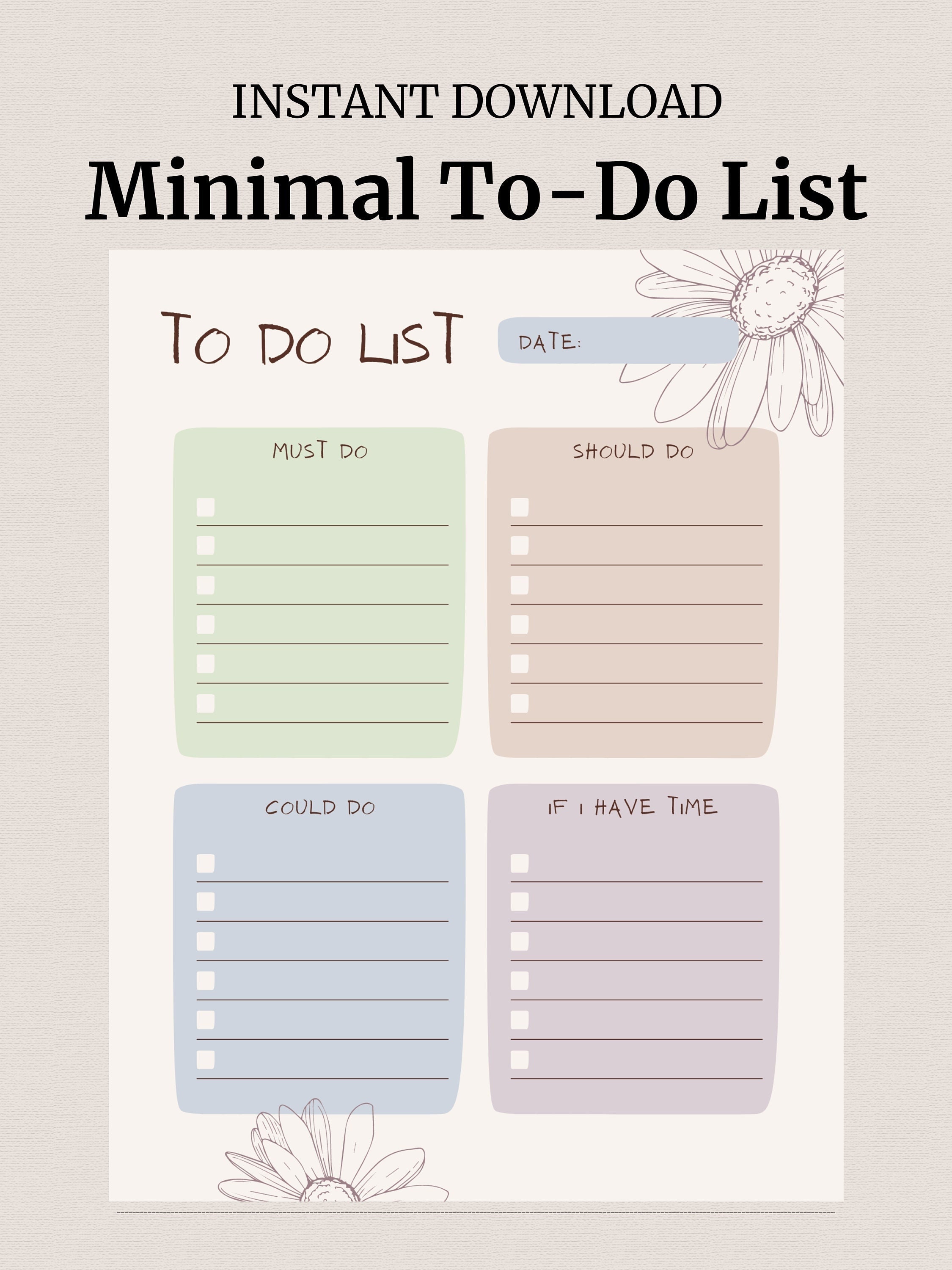 Liste de tâches minimale imprimable, modèle de liste de tâches simples, planificateur de productivité, PDF imprimable et à remplir, liste de tâches esthétiques