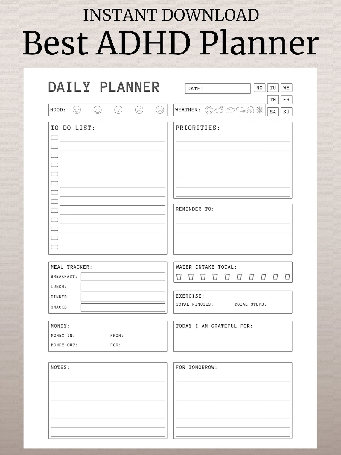 ADHD Daily Planner Printable, Hourly Planner, Organized Planner, ADHD Planner, Printable Planner, Downloadable Planner, Digital Planner image 1