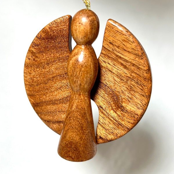 Wood angel Christmas ornament. Handturned from solid hardwood. Stylized, handsome tree decoration. Several wood choices.