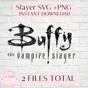 Puede incluir: Ilustración digital en blanco y negro del logotipo de Buffy la Cazavampiros. El logotipo presenta la palabra "Buffy" en una fuente estilizada con un símbolo circular sobre la palabra. El texto "the vampire slayer" aparece debajo de la palabra "Buffy".