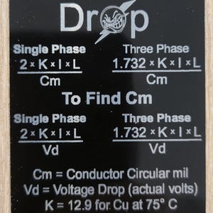 Voltage drop aluminum cheat sheet card