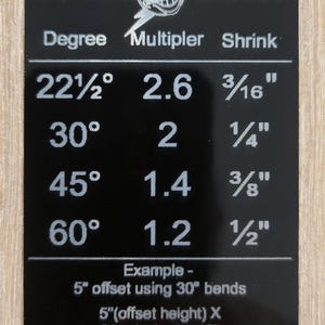 Conduit Offset Guide aluminum cheat sheet card