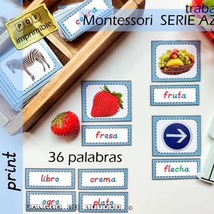 Può includere: Flashcard educative Montessori con parole e immagini in spagnolo. Le carte presentano una zebra, fragola, cestino di frutta e segnali stradali. Il testo include "36 palabras" e "SERIE AZUL III". Alcune carte sono in un vassoio di legno.