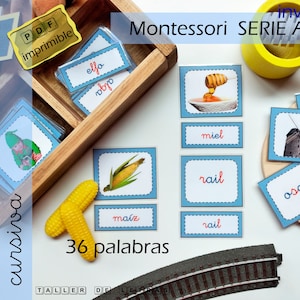 Tarjetas Serie Azul II Montessori en español, Sílabas inversas, Aprender a leer en español, 36 Palabras bisílabas inversas
