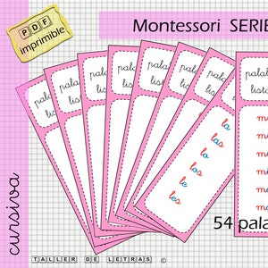 Palabras a la vista Serie Rosa Montessori en español, Listas de Lectura Serie Rosa Montessori en español, Aprender a leer español, cursiva.