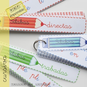 Llavero silábico en español, Juego de tarjetas silábicas para aprender a leer español, letra cursiva.