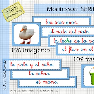 Frases Serie Azul Montessori en español, Tarjetas Frases Serie Azul Montessori, Aprender a leer español, cursiva.