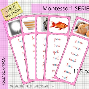 Listas de Lectura Serie Rosa Montessori en español, CVC, CVV, VCV palabras, Aprender a leer español.