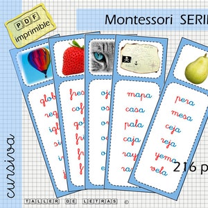 Listas de Lectura Serie Azul Montessori en español, Palabras formadas por sílabas directas, inversas y trabadas, Aprender a leer español.