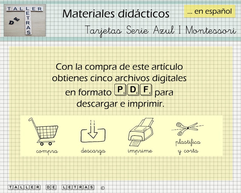 May include: A yellow and white gridded background with a title that reads "Materiales did&aacute;cticos... en espa&ntilde;ol Tarjetas Serie Azul I Montessori". The text below the title reads "Con la compra de este art&iacute;culo obtienes cinco archivos digitales en formato PDF para descargar e imprimir."  Four icons are below the text: a shopping cart, a download arrow, a printer, and scissors. The text below the icons reads "compra", "descarga", "imprime", and "plastifica y corta".