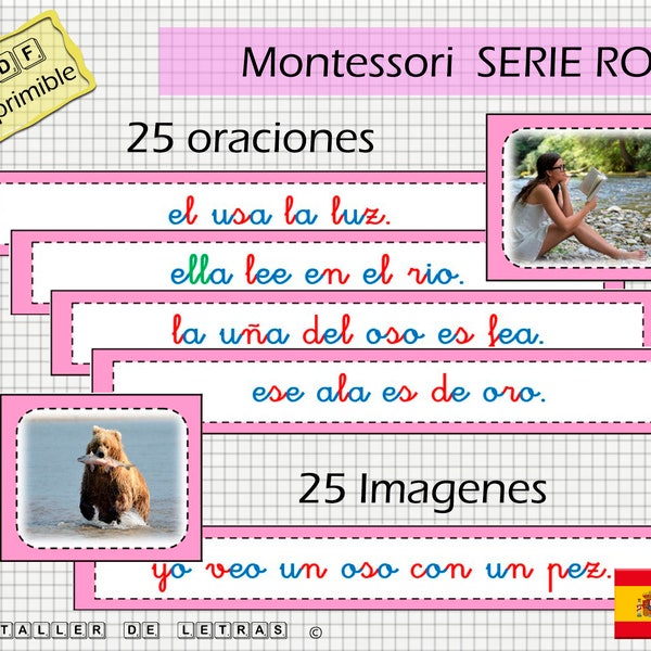 Oraciones Serie Rosa Montessori en español, Tarjetas Oraciones Serie Rosa Montessori, Aprender a leer español, cursiva.