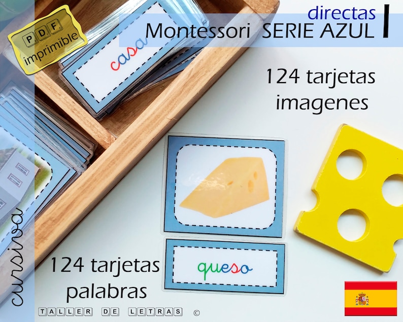 May include: A set of 124 Montessori flashcards in Spanish, featuring images and words. The cards are blue with white borders and feature a variety of images, including a house and cheese. The text on the cards is in Spanish. The cards are part of a larger set called "Serie Azul".