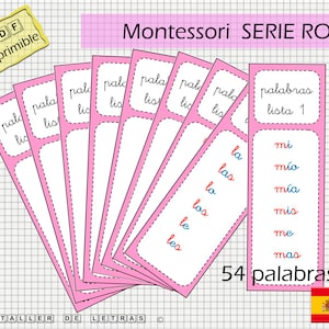 Palabras a la vista Serie Rosa Montessori en español, Listas de Lectura Serie Rosa Montessori en español, Aprender a leer español, cursiva.
