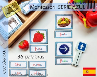 Tarjetas Serie Azul III Montessori en español, Sílabas trabadas, Aprender a leer en español, 36 Palabras bisílabas trabadas