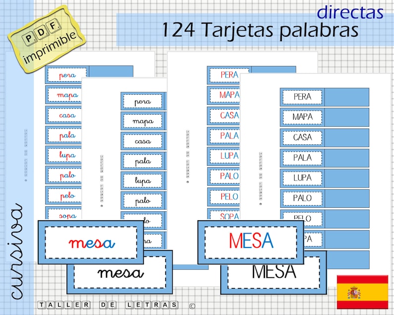 May include: A set of 124 printable Spanish word cards featuring blue and white borders. The cards include words like "pera", "mapa", "casa", "pala", "lupa", "palo", "pelo", and "sopa". The cards also feature the word "mesa" in red and blue lettering.
