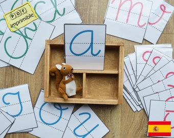 Uppercase Montessori Movable Alphabet in Spanish, Uppercase Alphabet Letter Cards in Spanish, large and small Alphabet sizes, Cursive.